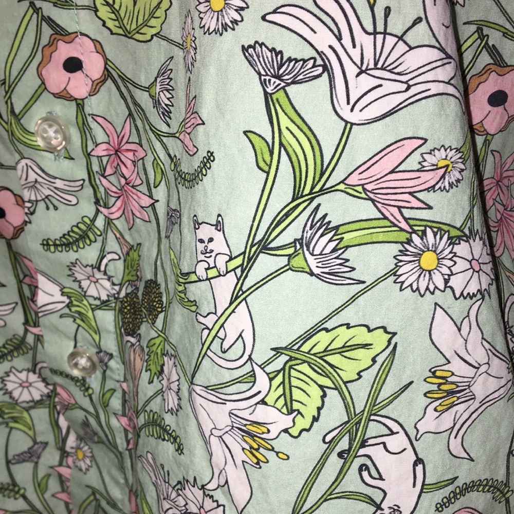 Flowers & Cats Green Button Up Short Sleeve Shirt Size Small 4/6 Cat Lady Blouse - Picture 6 of 9